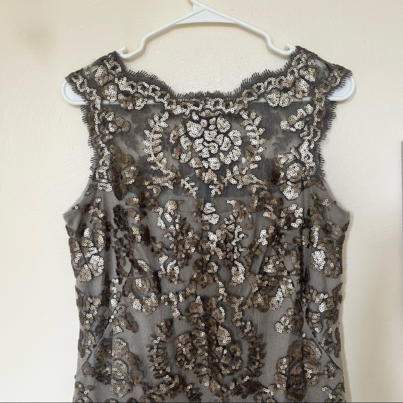 Tadashi Shoji gray lace illusion high neck cocktail dress gold sequins size 10 - Picture 6 of 11